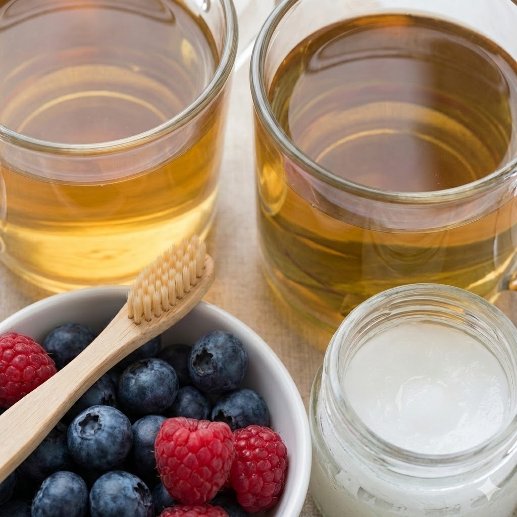 Tandsundhed symboliseret ved to glas med væske, en skål med bær, en tandbørste.
