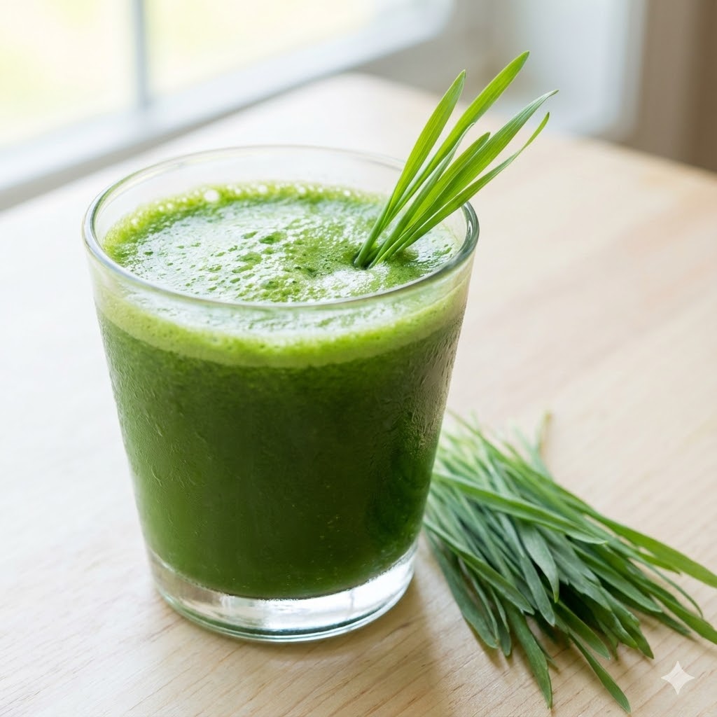 Byggræs symboliseret ved et glas med grøn juice og nogle byggræsstrå der stikker og af denne og nogle der ligger ved siden af.