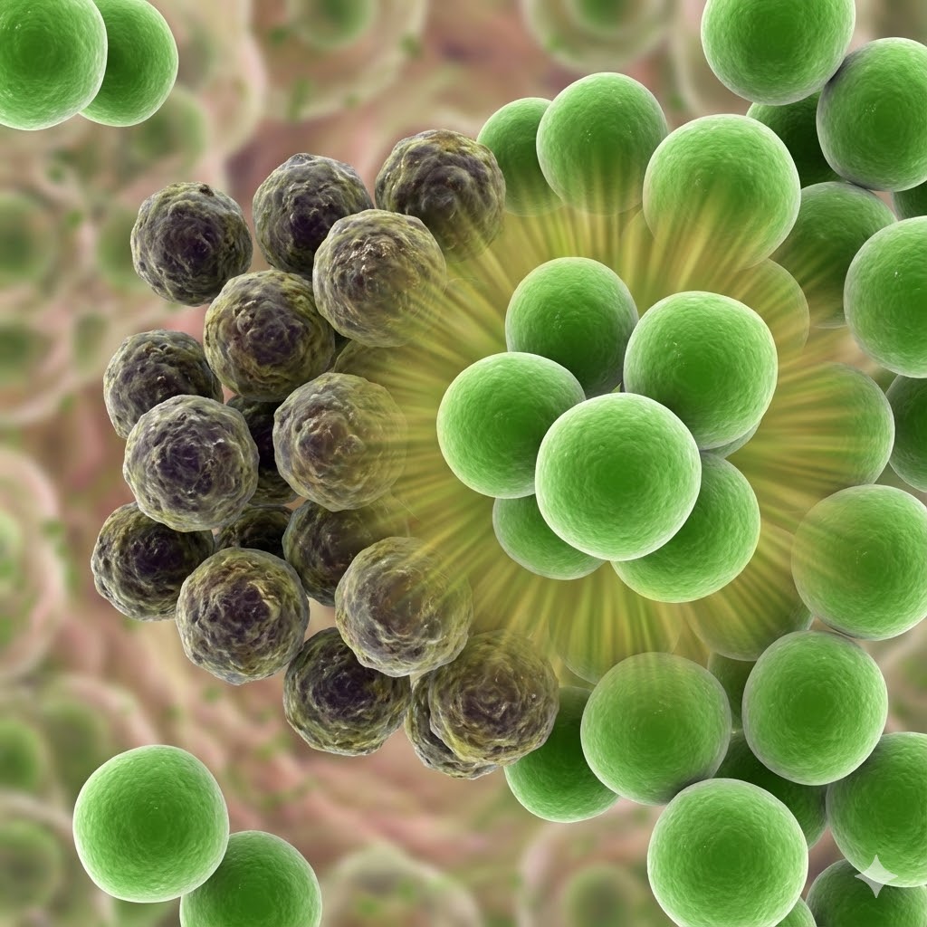 Byggræs symboliseret ved en gruppe symbolsk grå kræftceller og grønne celler der angriber disse.