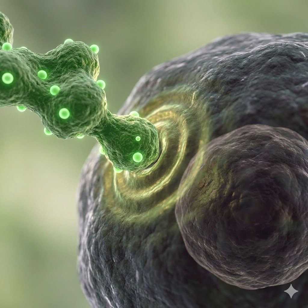 Byggræs symboliseret ved en grå-sort del af ujævn celle og nogle dråber grøn væske der rammer denne.