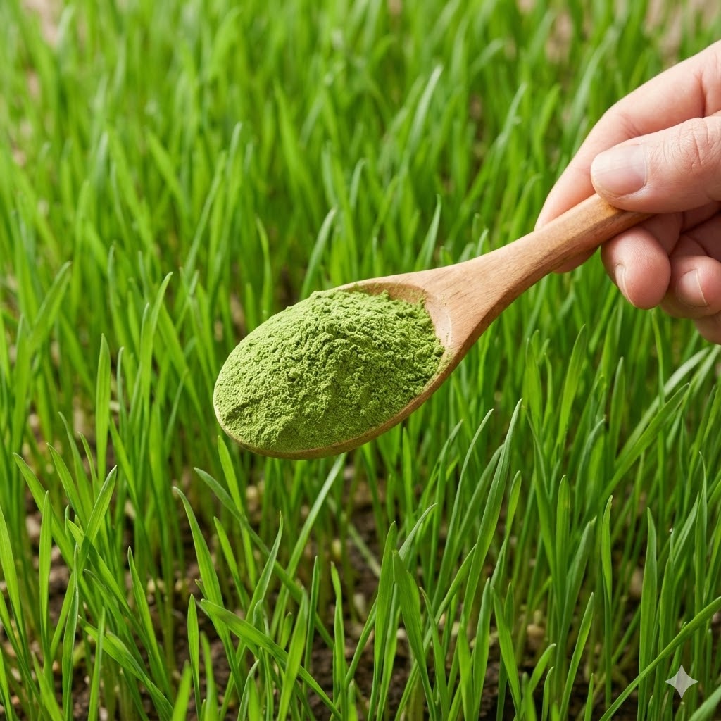 Byggræs symboliseret ved grønt byggræs på en mark og en træske, der holder noget grønt pulver ind over dette.