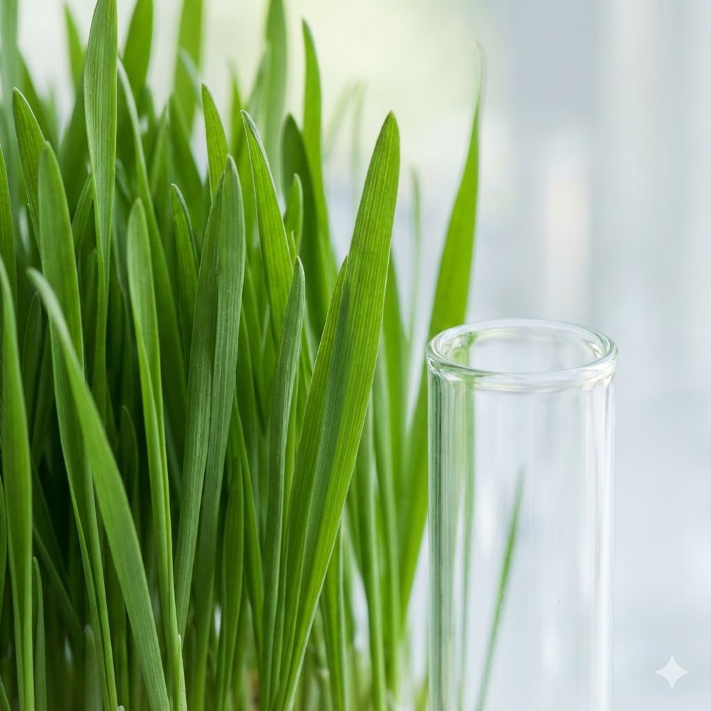 Byggræs symboliseret ved nogle grønne græsplanter og et helt smalt glas.