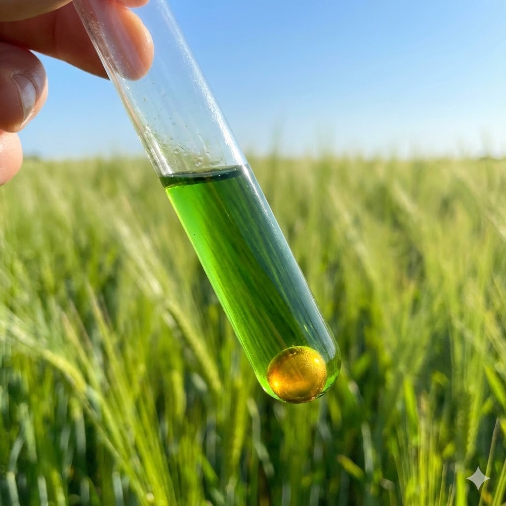 Byggræs symboliseret ved en byggræsmark og et reagensglas med grøn væske og en gylden dråbe i bunden.