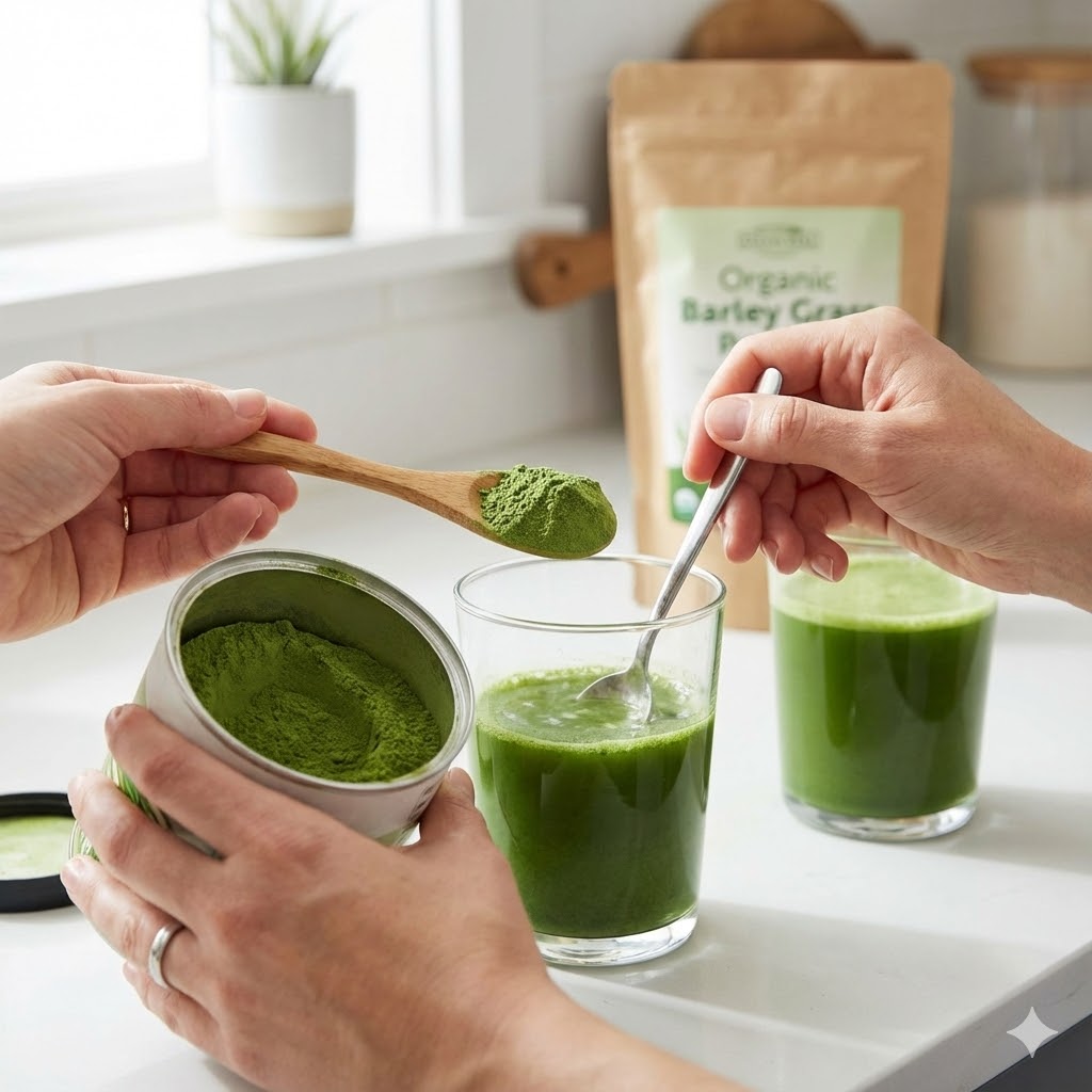 Byggræs symboliseret ved nogle glas med grøn juice. En bøtte med grønt pulver, hvor der tages noget fra med en ske. En brun pose i baggrunden med byggræspulver.