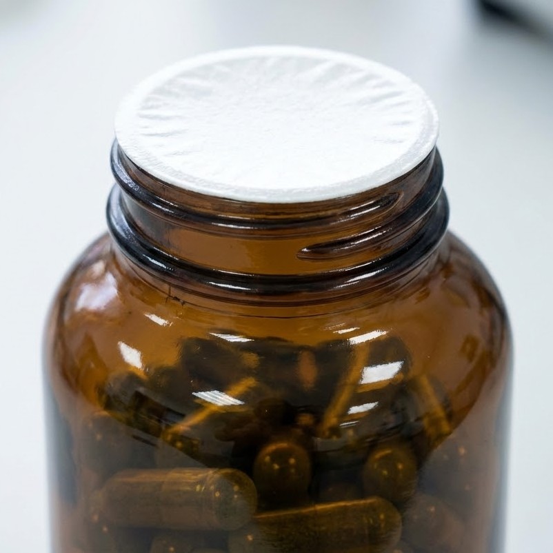 Byggræs symboliseret ved det øverste af et brunt pilleglas med kapsler. Plomberingen sidder stadig på, mens skruelåget er fjernet.