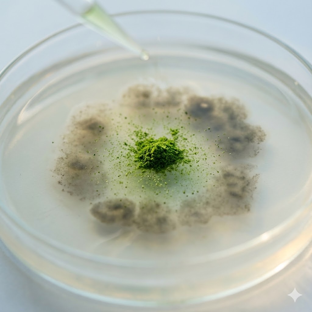 Byggræs symboliseret ved en petriskål med grå enheder i en cirkel. i midten en grøn enhed.