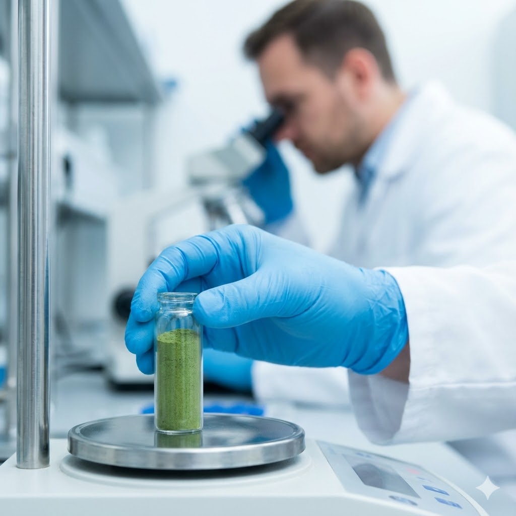 Byggræs symboliseret ved et laboratorie miljø med en hånd der holder et reagensglas med grøn væske og en mand bagved, der kigger i et mikroskop.