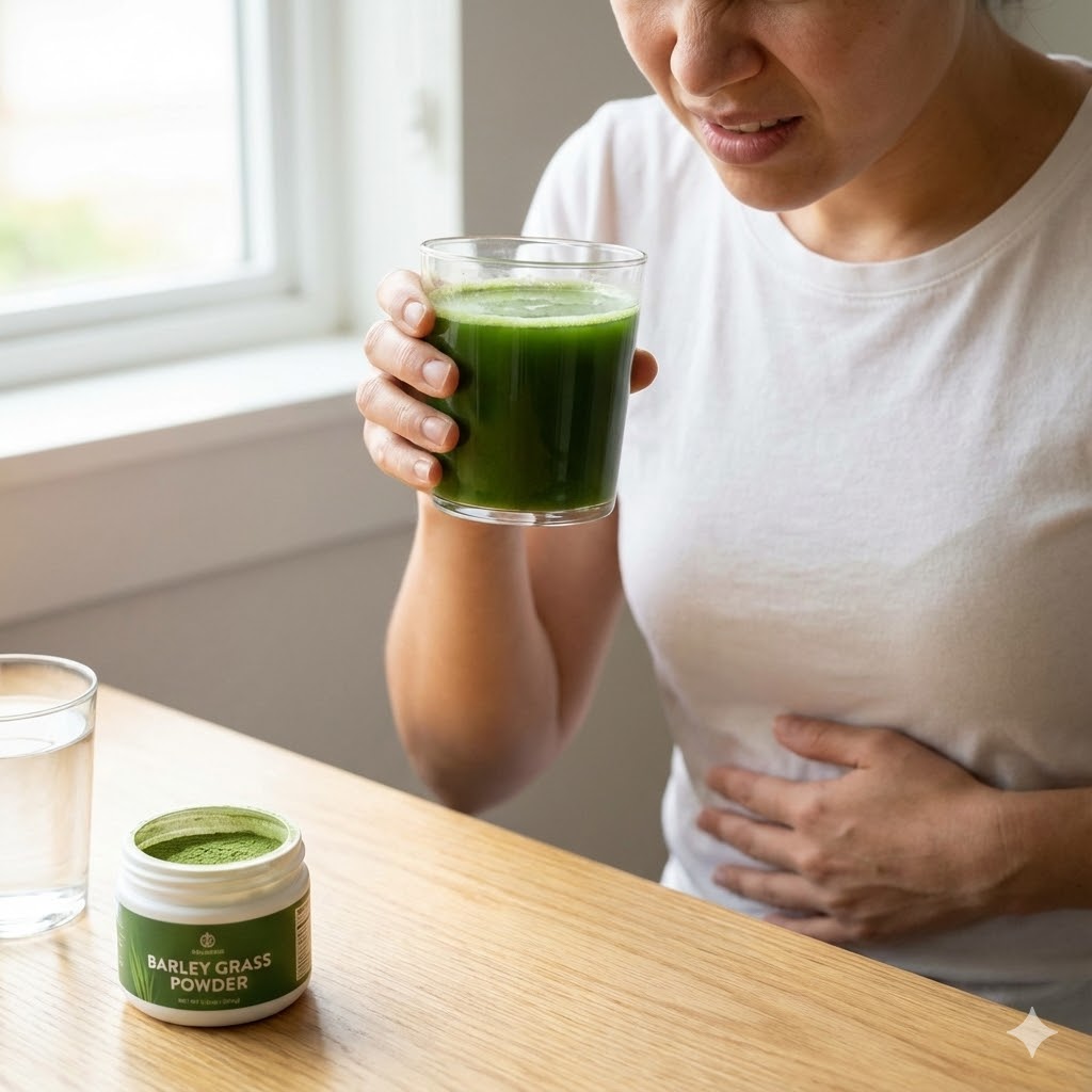 Byggræs symboliseret ved en kvinde der drikker et glas grøn juice og holder på sin mave.