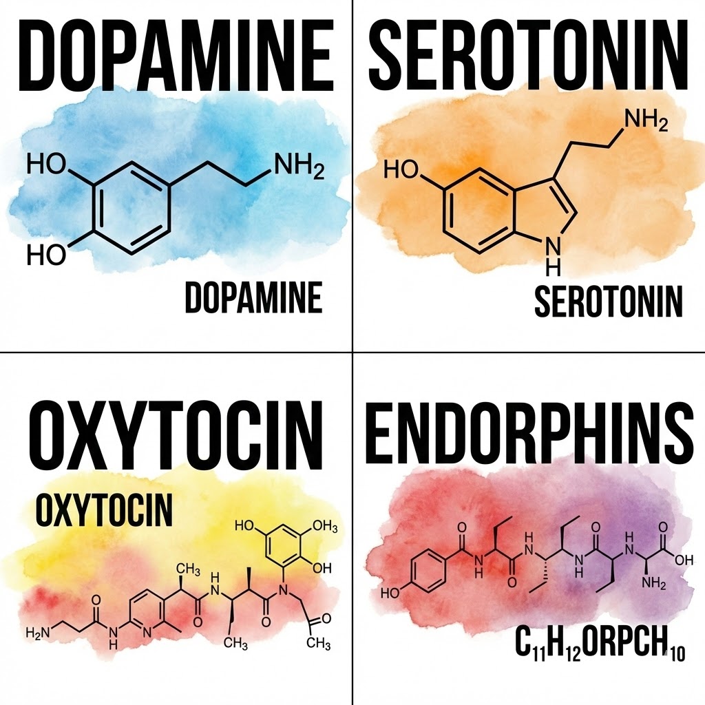 Boost dine lykkehormoner symboliseret ved en tegning af de 4 lykkehormoner, dopamin, serotonin, oxytocin og endophin.