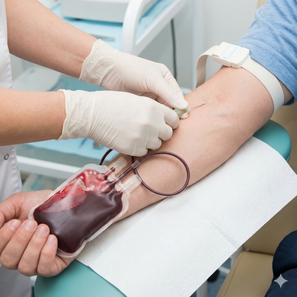 Polycythæmia Vera symboliseret ved en arm, hvor der er et slange og en blodpose, der opsamler blodet der løber ud. Et sæt hænder er ved at fjerne nålen efter behandlingen med åreladning.