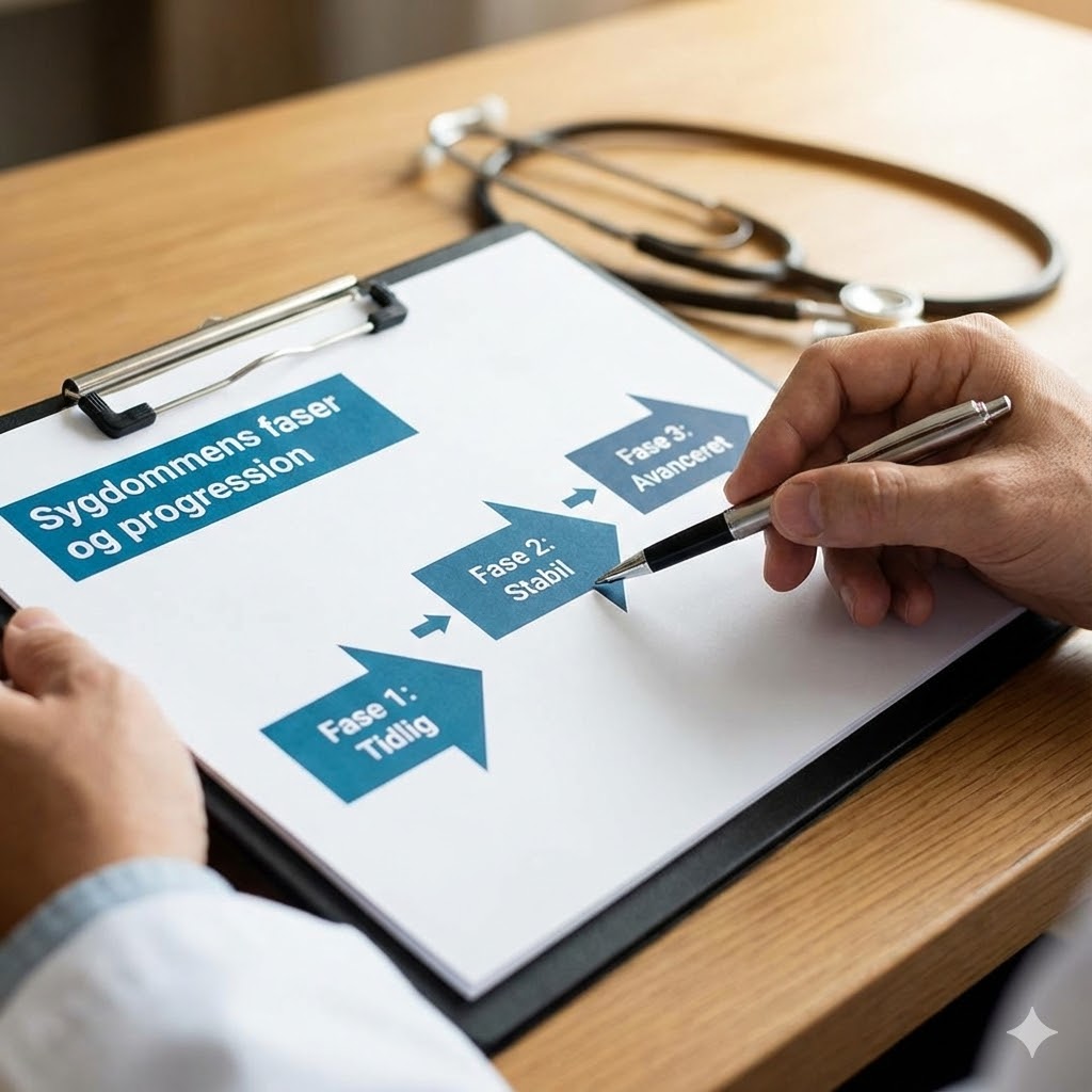 Polycythæmia Vera symboliseret ved en skematisk oversigt over faser med turkise pile. Ved siden af et stetoskop.