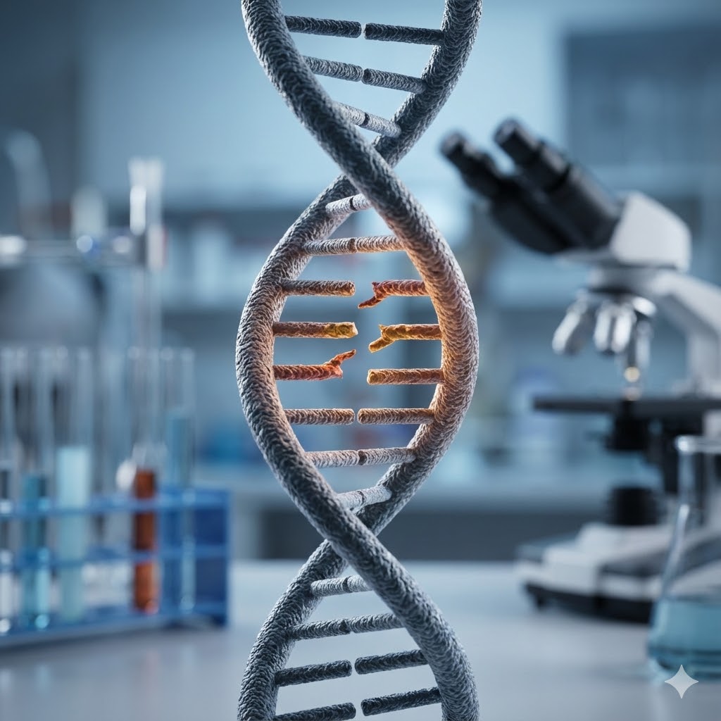 Polycythæmia Vera symboliseret ved en dna-streng med laboratoriebaggrund.