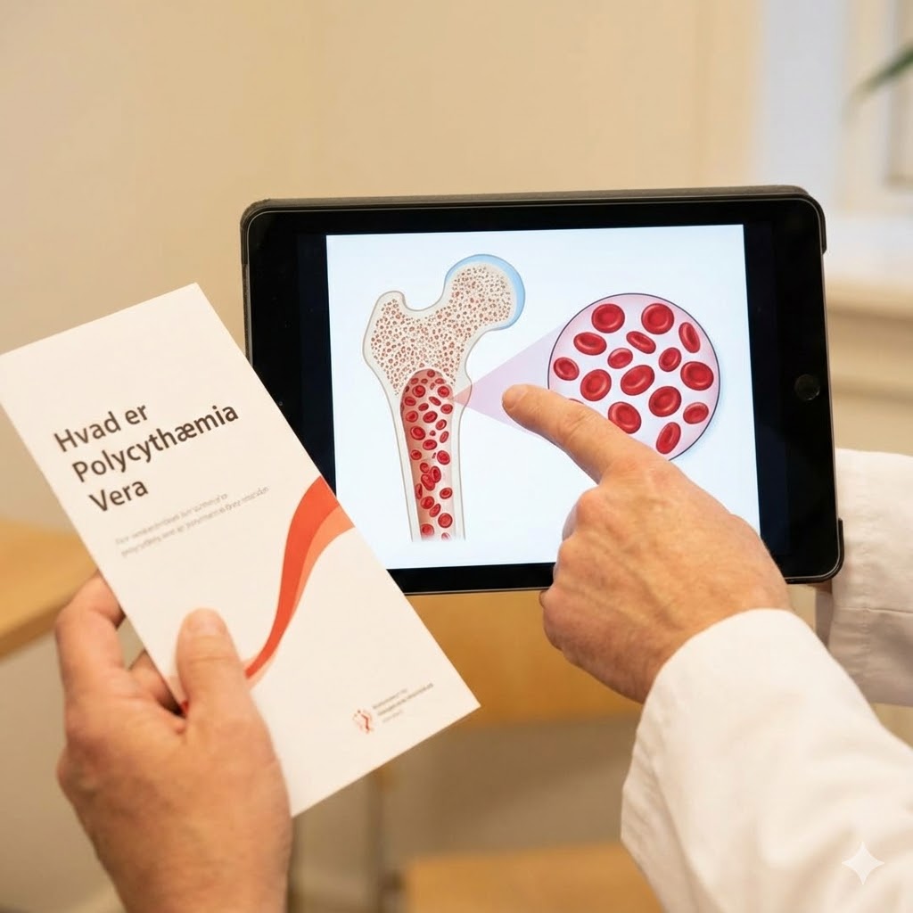 Polycythæmia Vera symboliseret ved en hånd der holder en brochure og en hånd der peget på en pc-skærm med billede af blodmolekyler.