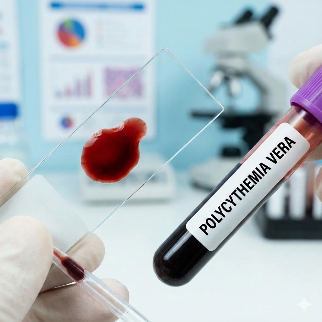 Polycythæmia Vera symboliseret ved et blodprøveglas med blod og en prøve til mikroskop med blod. Vist i et laboratoriemiljø.