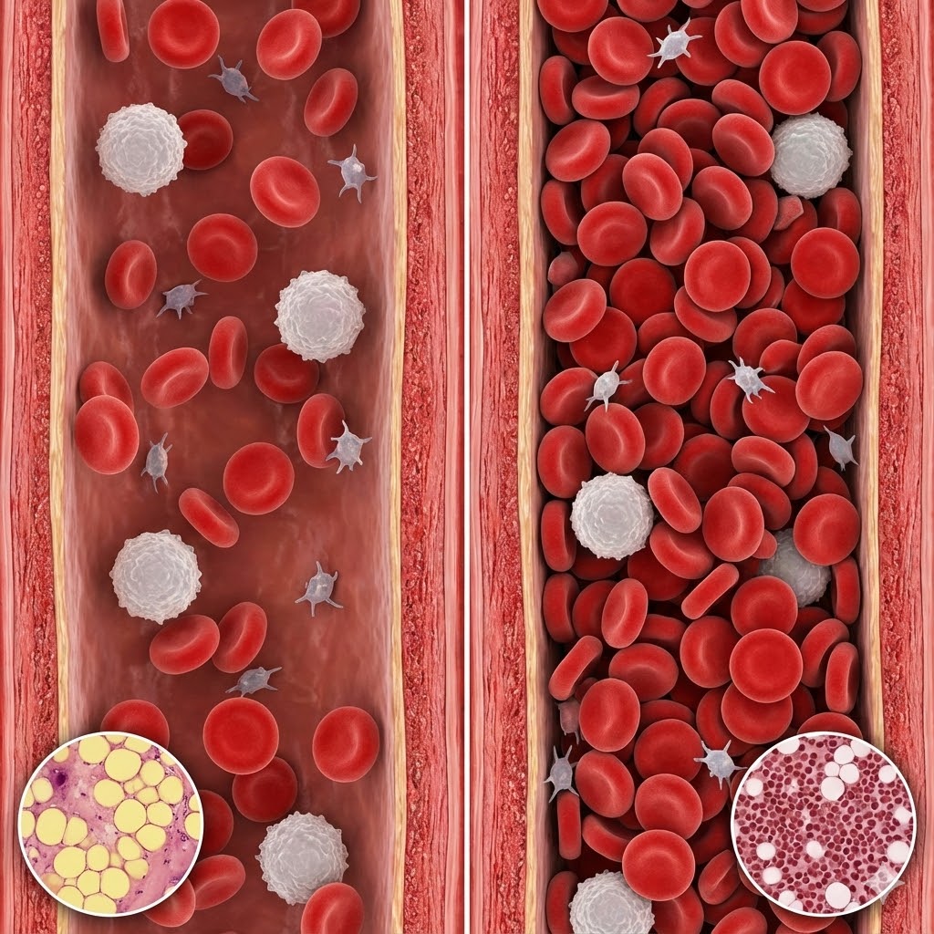 Polycythæmia Vera symboliseret ved skematisk oversigt over blodårer, hvor den venstre har normalt indhold af røde blodleger, mens den højre har for mange. De ligger helt tæt.