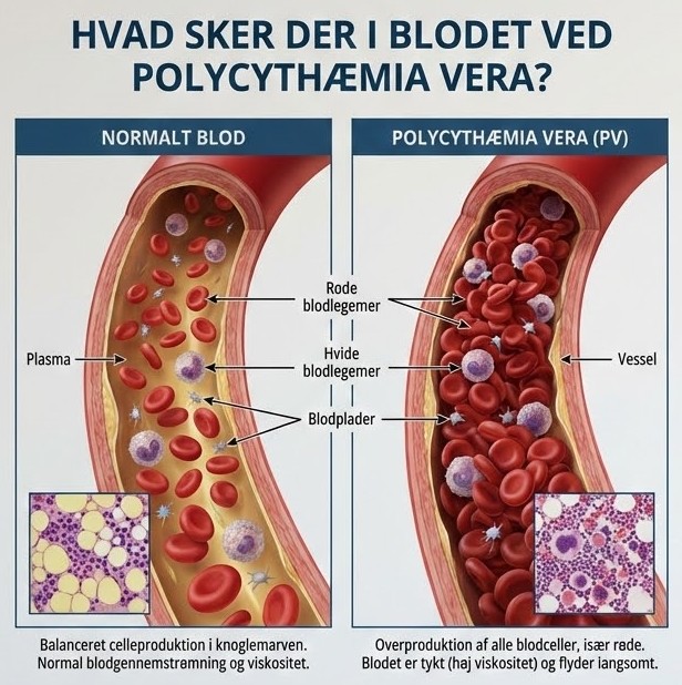 Polycythæmia Vera symboliseret ved planche med billede af hvordan en behandlet blodåre ser ud i forhold til en ikke behandlet.