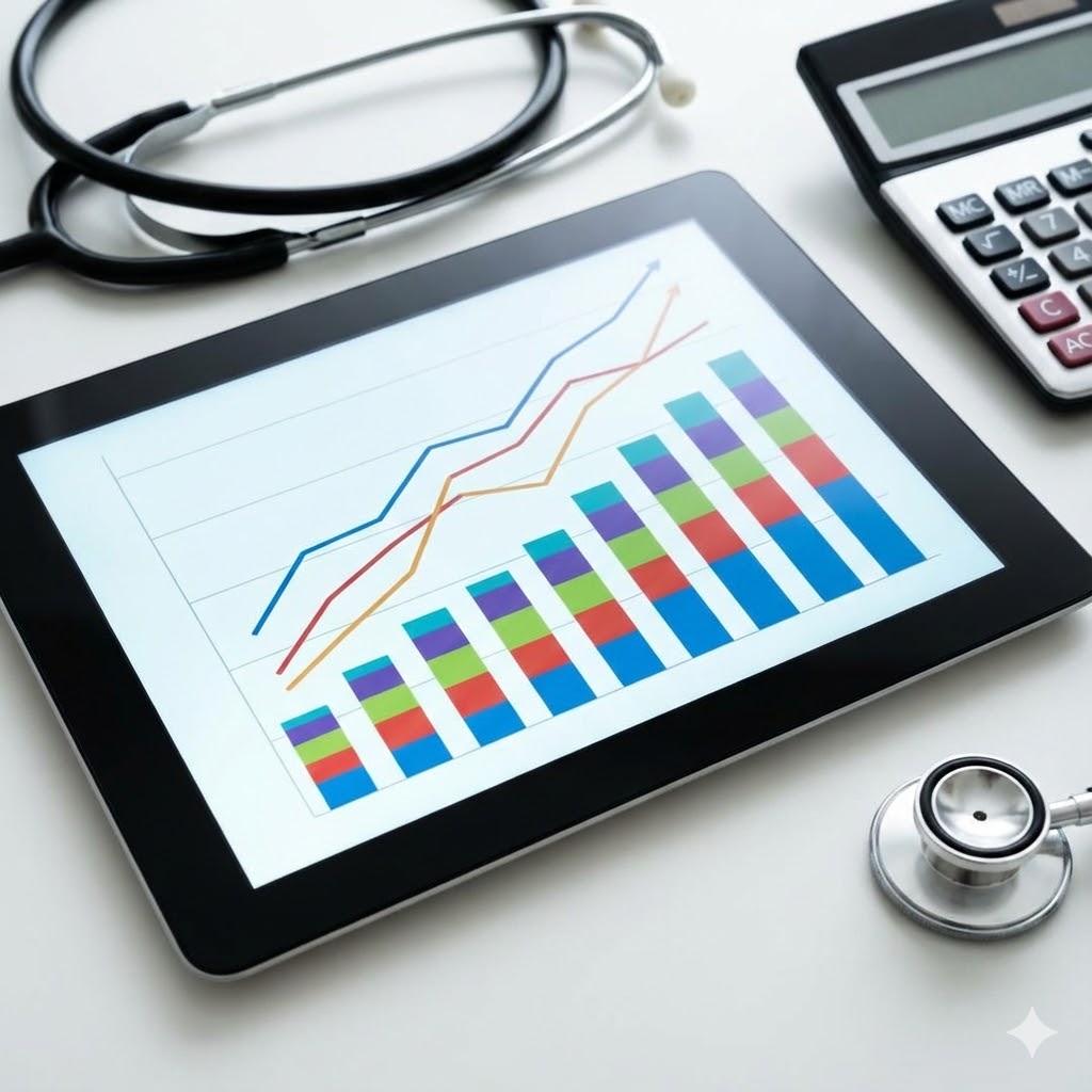 Polycythæmia Vera symboliseret ved en tablet med grafer, et stetoskop og en lommeregner.