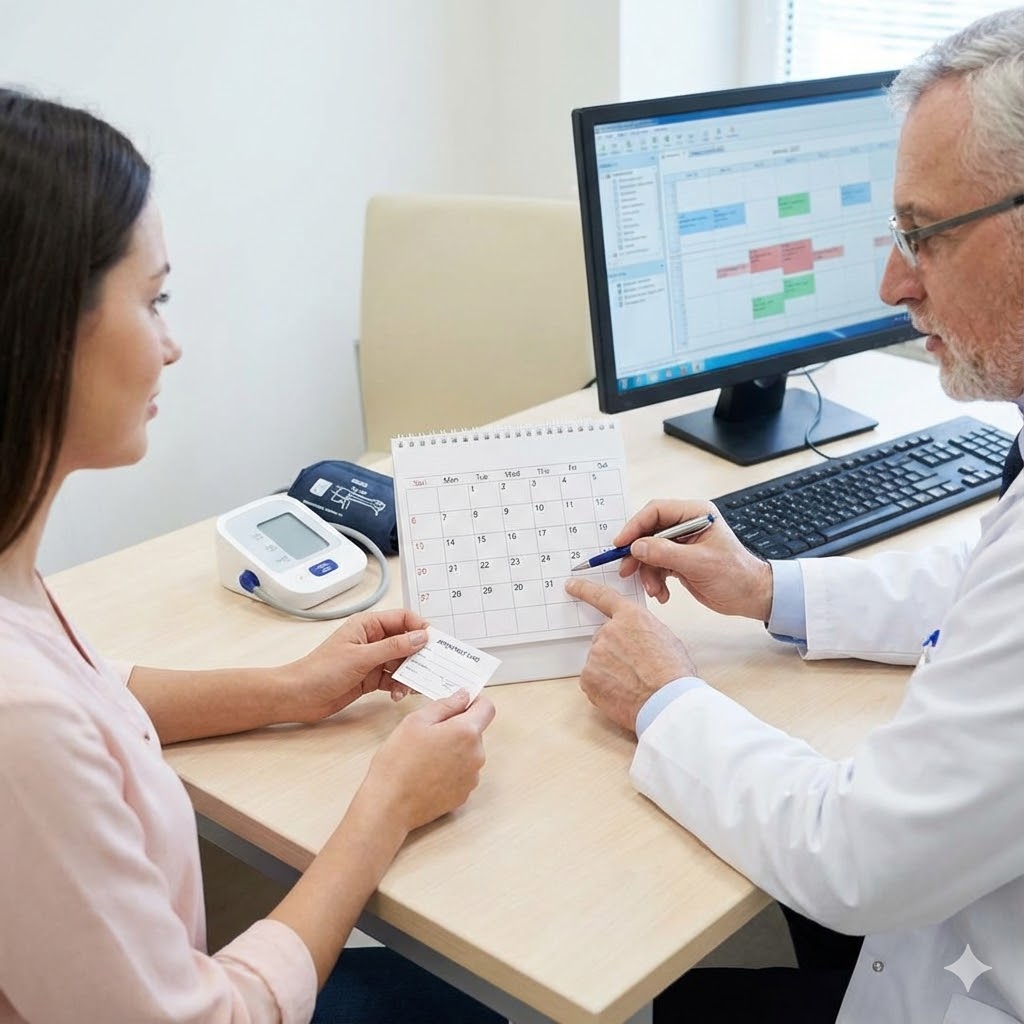 Polycythæmia Vera symboliseret ved en samtalesituation med en mandlig læge i kittel og en kvindelig patient i eget tøj. De sidder ved et bord, hvor der står en pc med farvede skemaer eller grafer.
