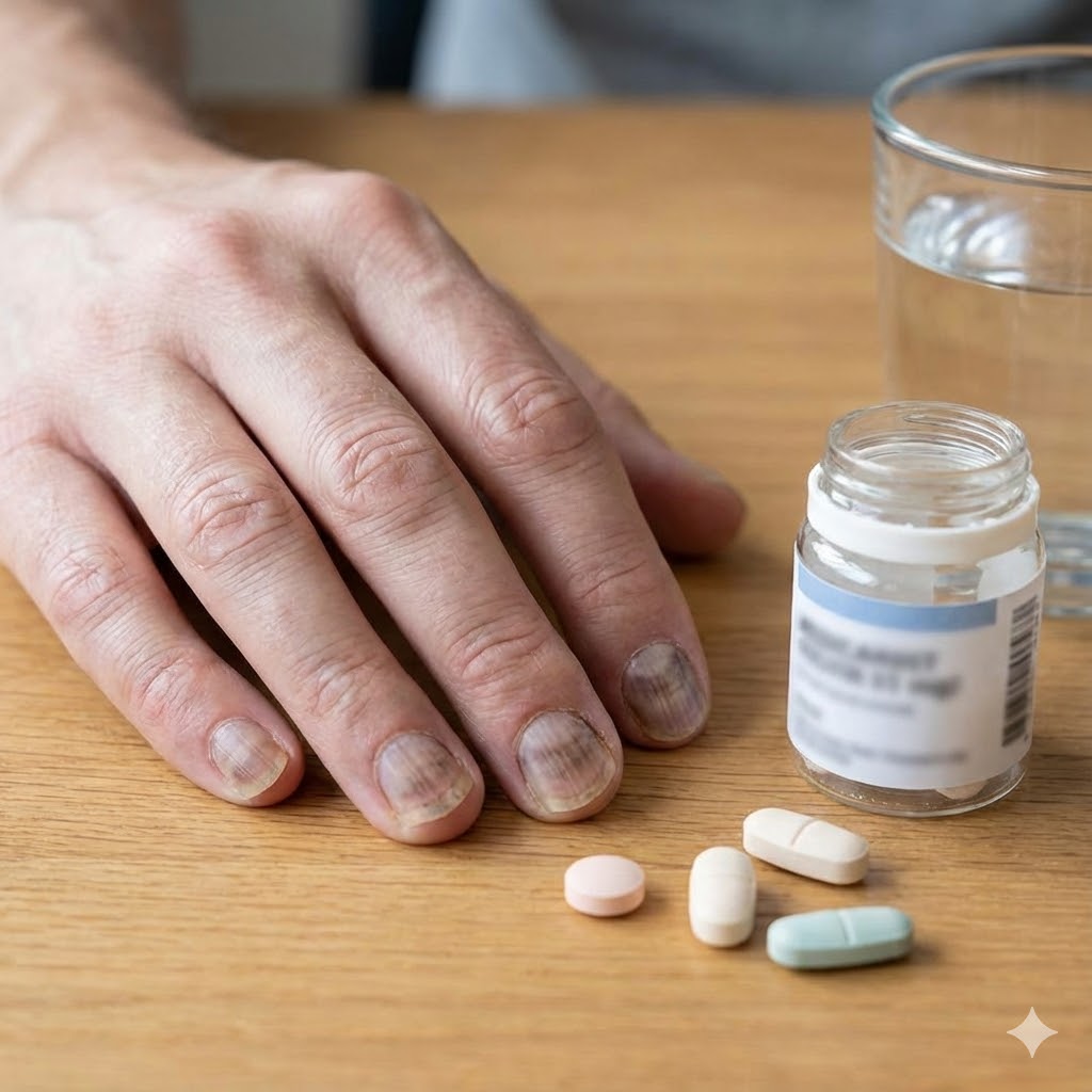 Polycythæmia Vera symboliseret ved en hånd og et pilleglas og nogle piller på et bord.