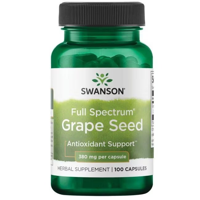 Proanthocyanidiner symboliseret ved et grønt pilleglas fra Swanson med påskriften Full Spectrum Grape Seed. Antioxidant Support.