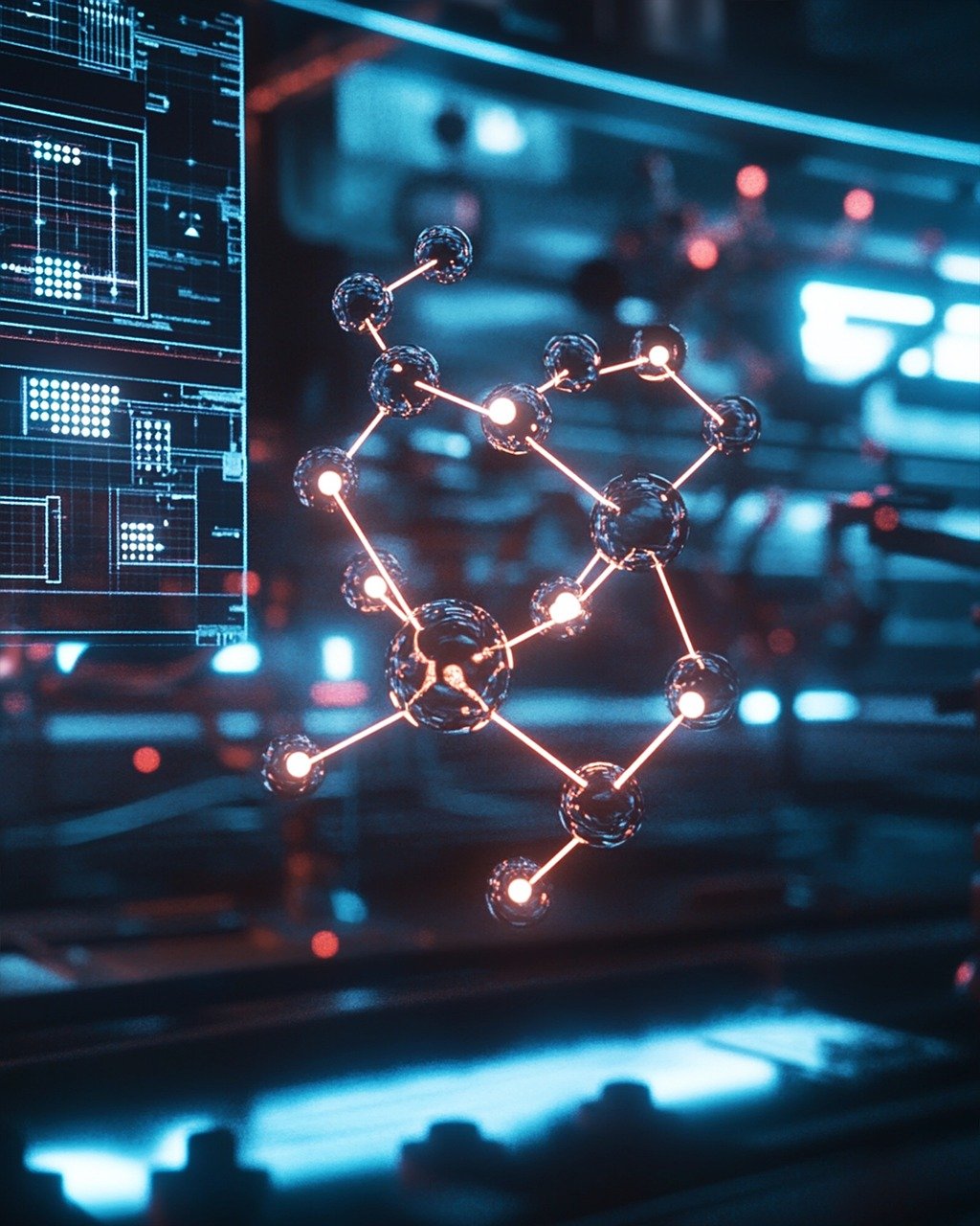 Afgiftning og metabolisme symboliseret ved model af molekylestruktur med skærme i baggrunden.