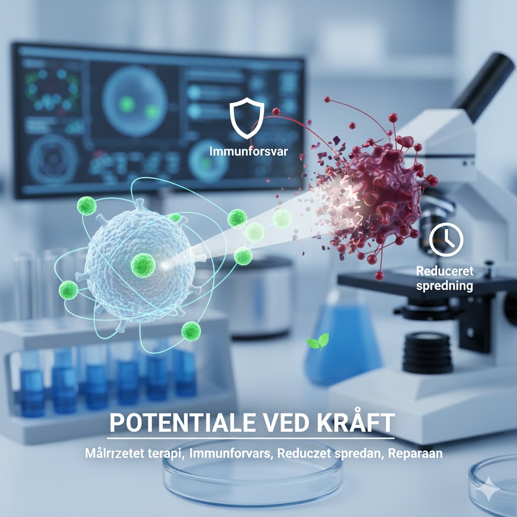 EAA symboliseret ved et laboratoriemiljø og celler der dominerer billedet og ligger ind foran et mikroskop. I baggrunden en computerskærm med celler.
