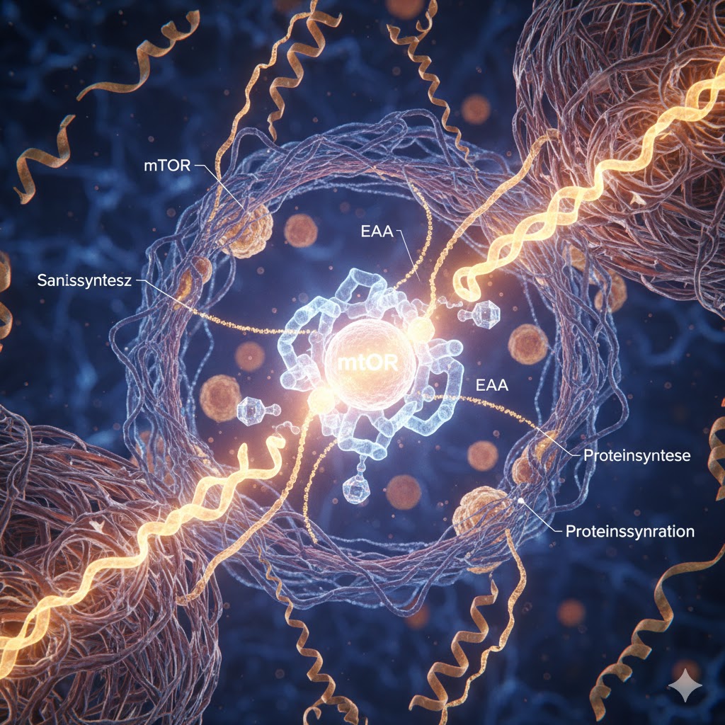 EAA symboliseret ved nogle celler og dna-spiraler og en lysende kerne i midten.