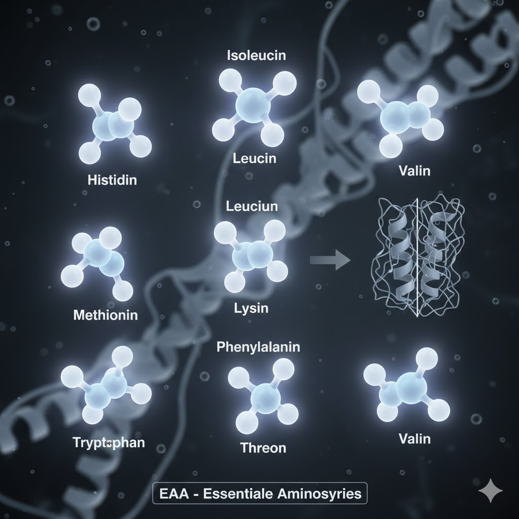 EAA symboliseret ved et billede med 9 essentielle molekyle-elementer på sort baggrund.