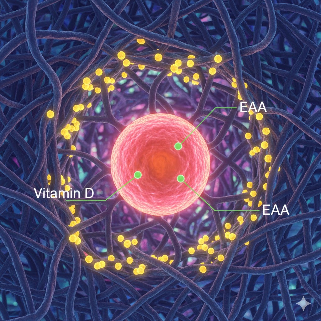 EAA symboliseret ved en lysende rød velafgrænset midte med en ujævn række af mindre partikler omkring. Baggrunden er et net af lilla tråde.