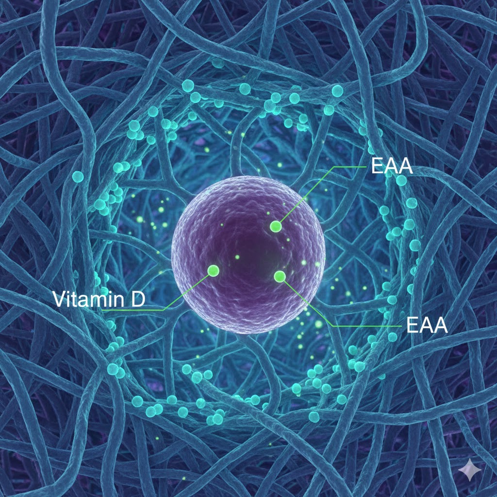 EAA symboliseret ved en lille celle i midten og en turkis krans omkring denne og tråde i net udenom dette.