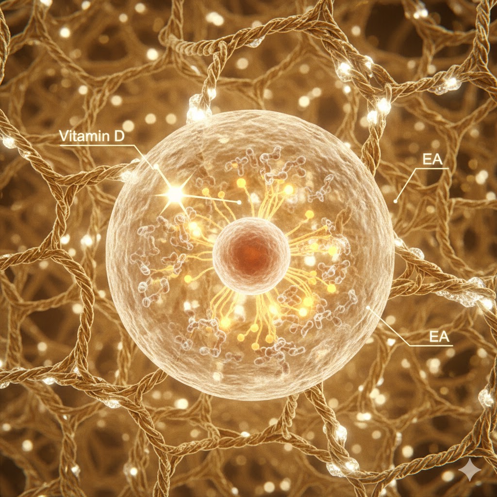 EAA symboliseret ved en celle i midten og småceller og væv omkring denne. Alt i lysende gyldne farver.