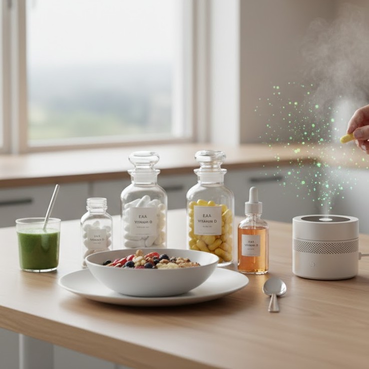 EAA symboliseret ved et køkkenbord med nogle klare små flasker med præparater og et askebæger, hvor der kommer røg fra.