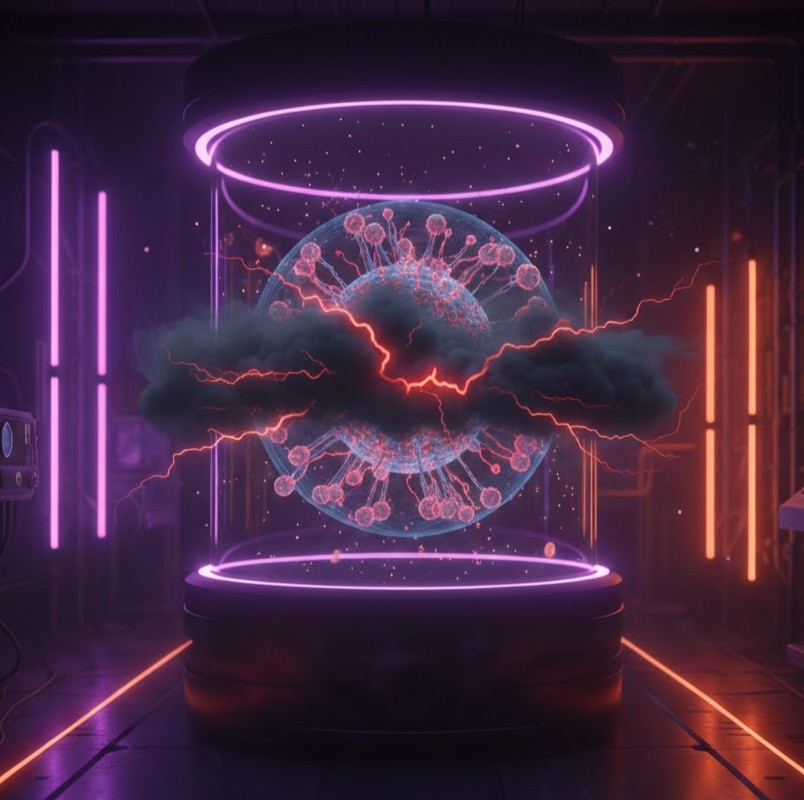 EAA symboliseret ved en klar beholder til forsøg, hvor der er en sort sky der dominerer billedet.