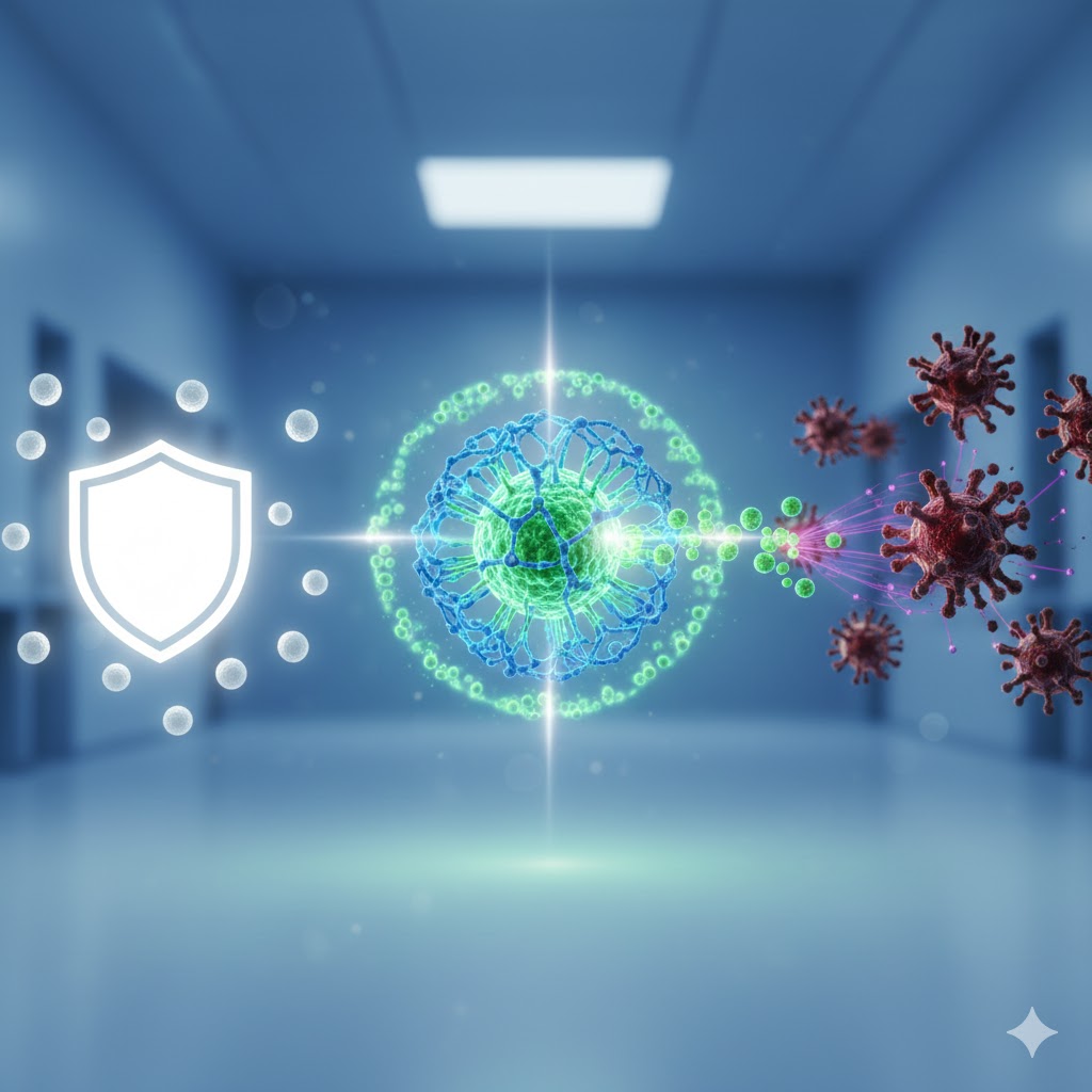 EAA symboliseret ved et rum med en afgrænset og lysende grøn element/ celle i midten, til højre nogle røde ujævne celler og til venstre et lysende skjold.