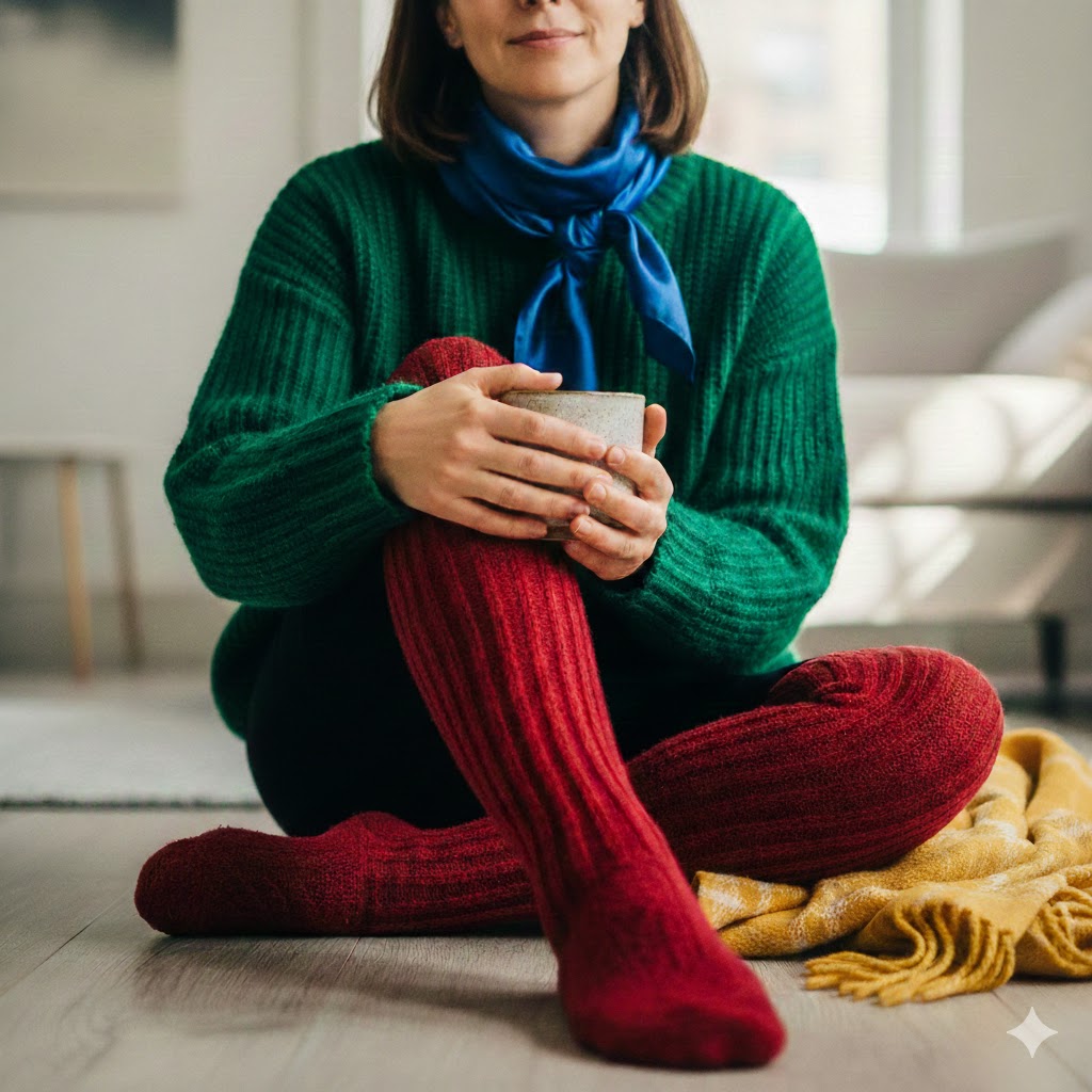 Farveterapi symboliseret ved en kvinde der sidder på gulvet. Iført røde strømper, grøn sweater og blåt halstørklæde. Hun holder en kop varm drik.