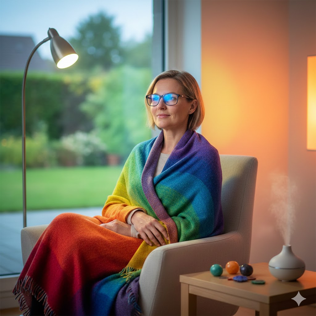 Farveterapi symboliseret ved en kvinde der sidder ved et vindue. Svøbt i en plaid med mange farver. Og hun har briller på med blå glas.