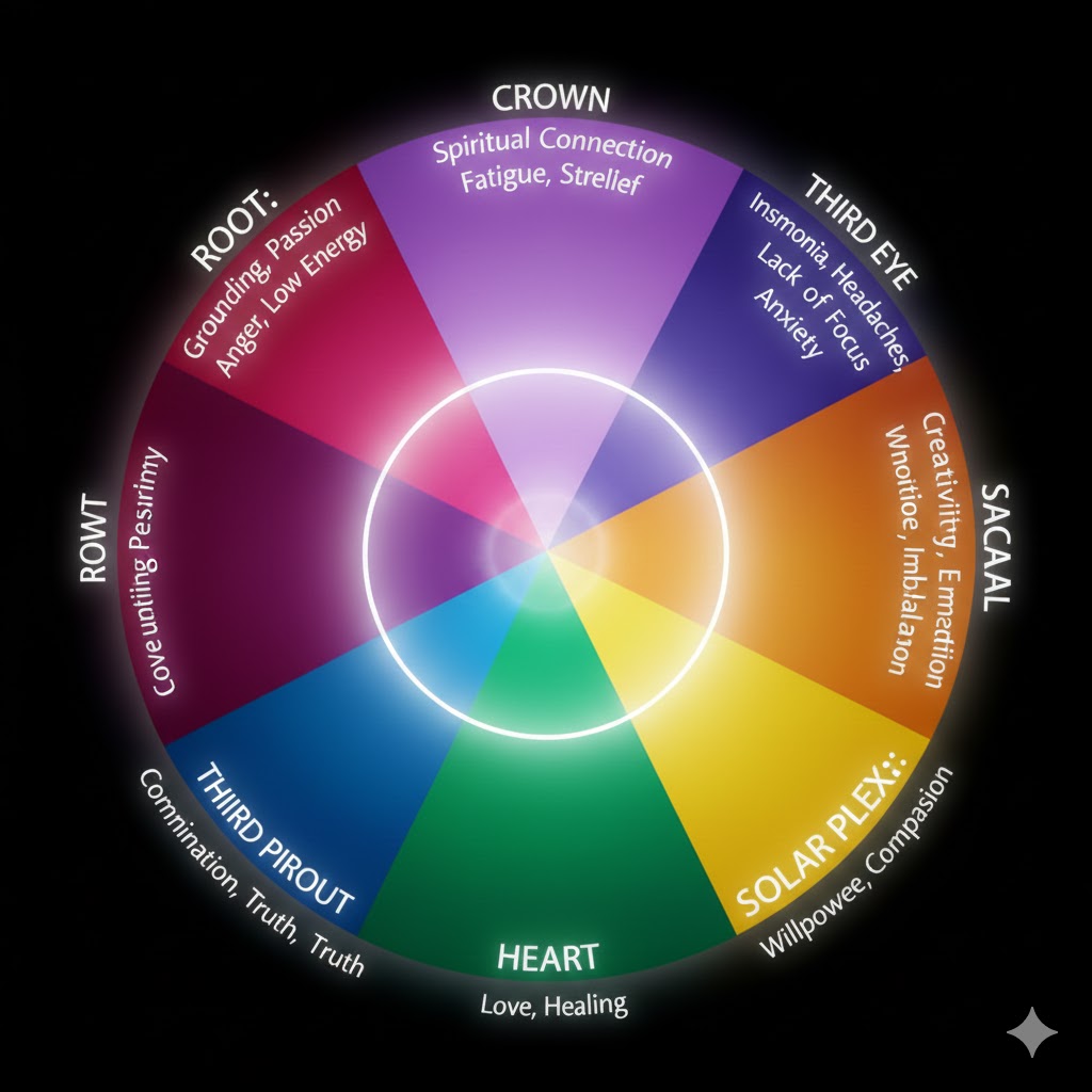 Farveterapi symboliseret ved hjul med farver og hvid tekst. Sort baggrund.