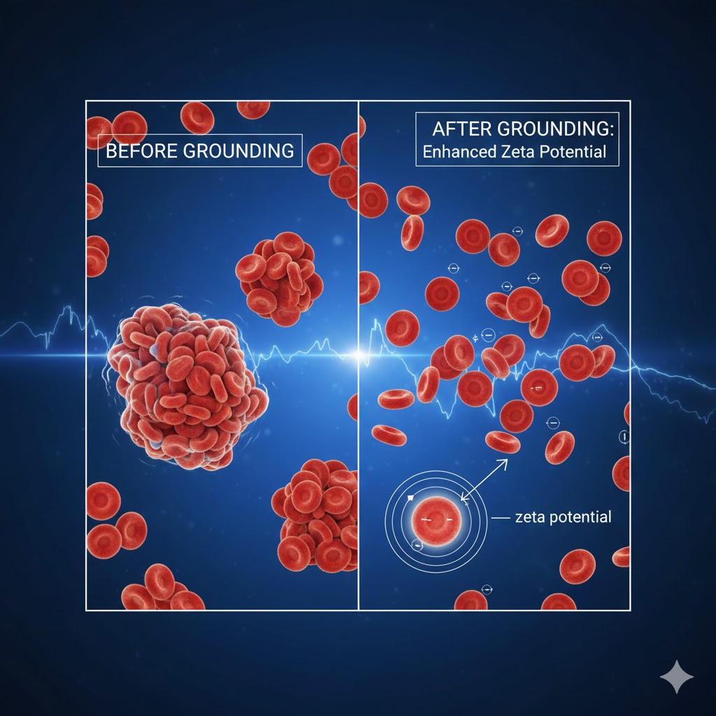 Grounding symboliseret ved en plancheoversigt over hvordan røde blodlegemer bliver påvirket af grounding. Blå baggrund.