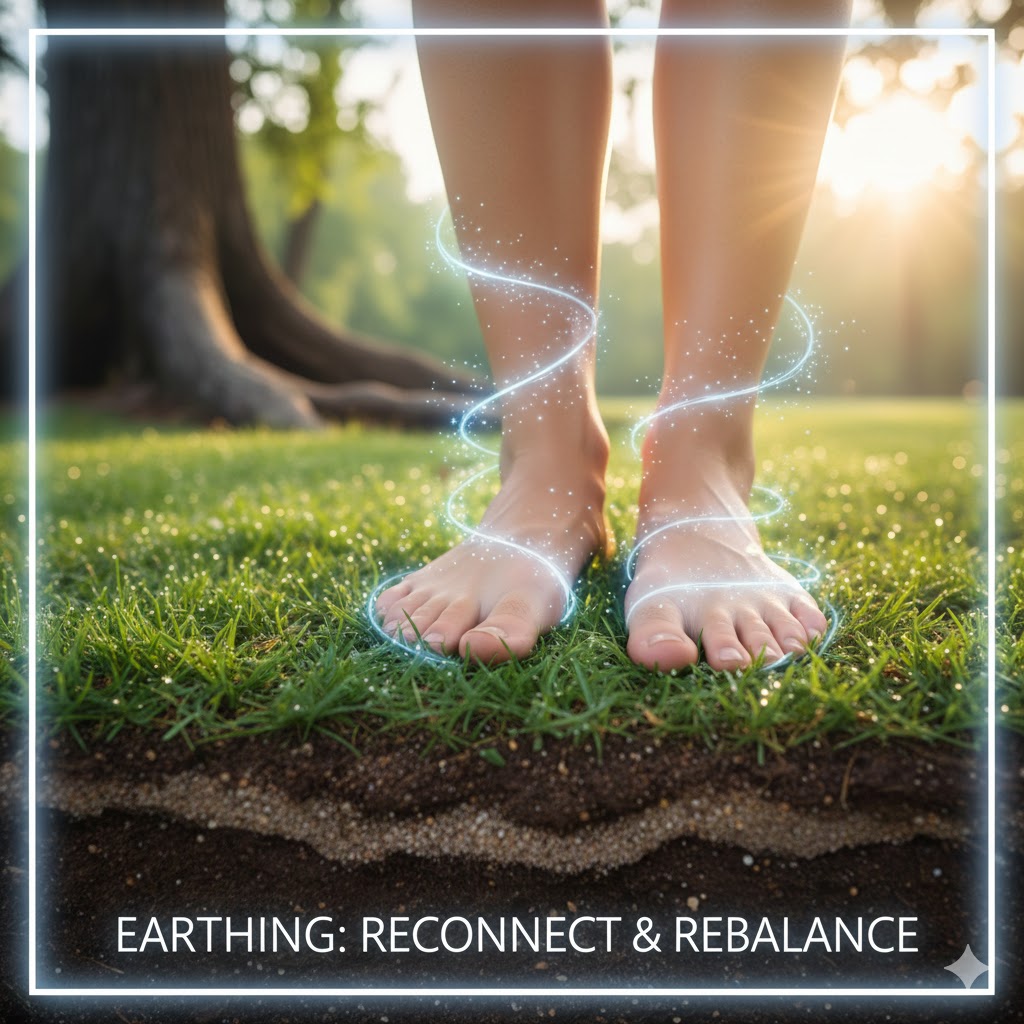 Grounding symboliseret ved underbenene fra et menneske, der står nøgne i græs med en symbolsk lysblå sløjfe af energi omkring.