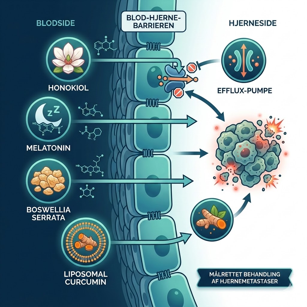 Hjernemetastaser og blod-hjerne-barrieren symboliseret ved en skitse af passage gennem en membran.