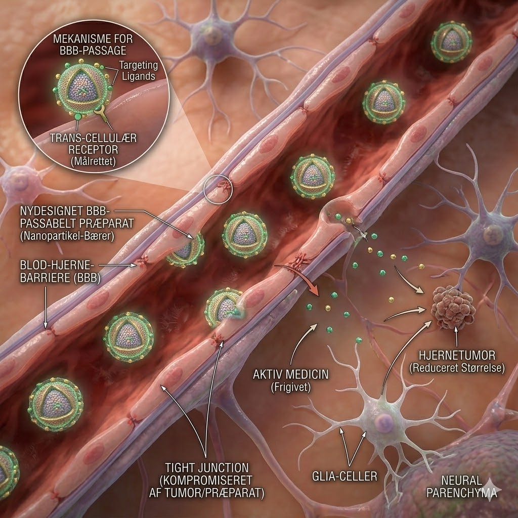 Hjernemetastaser og blod-hjerne-barrieren symboliseret ved en kanal der skal passeres.
