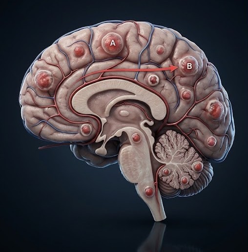 Hjernemetastaser og blod-hjerne-barrieren symboliseret ved model af hjerne. Sort baggrund.