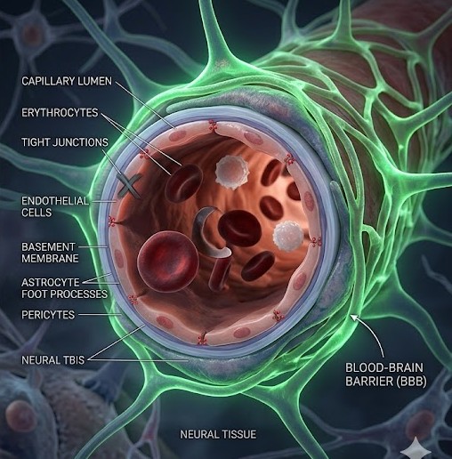 Hjernemetastaser og blod-hjerne-barrieren symboliseret ved snit i model af kanal, der skal gennemtrænges.