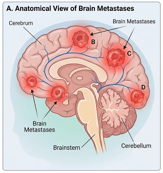 Hjernemetastaser og blod-hjerne-barrieren symboliseret ved en skitse af snit i en hjerne med rosa plamager.
