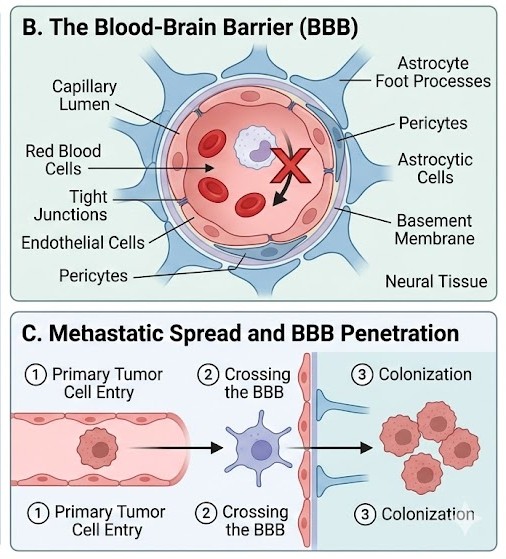Hjernemetastaser og blod-hjerne-barrieren symboliseret ved skitse af molekyler.