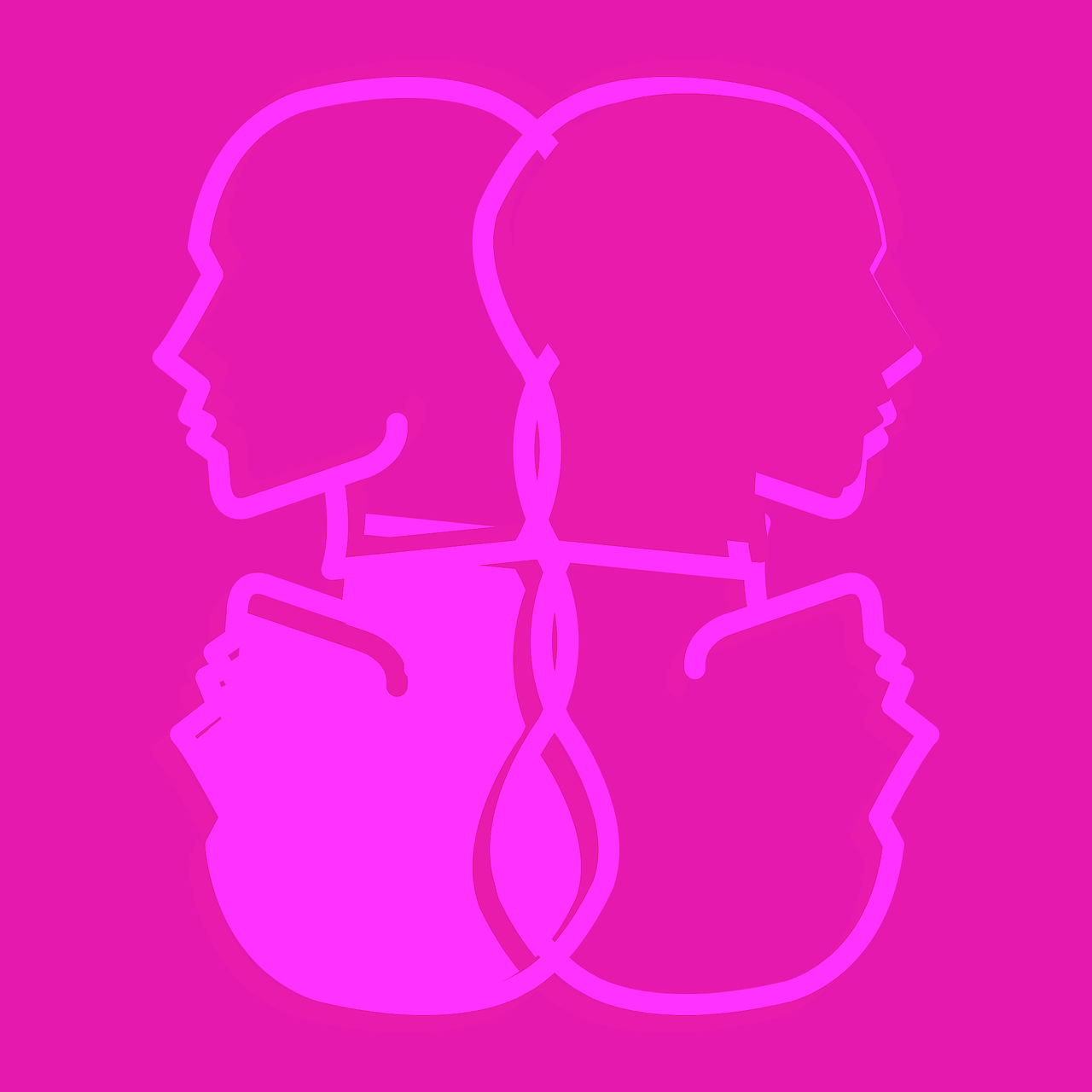 Hjernemetastaser og blod-hjerne-barrieren symboliseret ved rosa skitse af 4 hoveder, der spejler sig i hinanden.