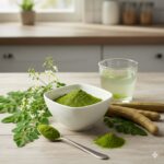 Moringa symbolised by a glass of water, a white bowl with green powder, a spoon with the same, dried seed pods, and a twig from the plant.