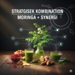 Moringa symbolised by a glass of green juice, red capsules, the plant, and some dried seed pods.