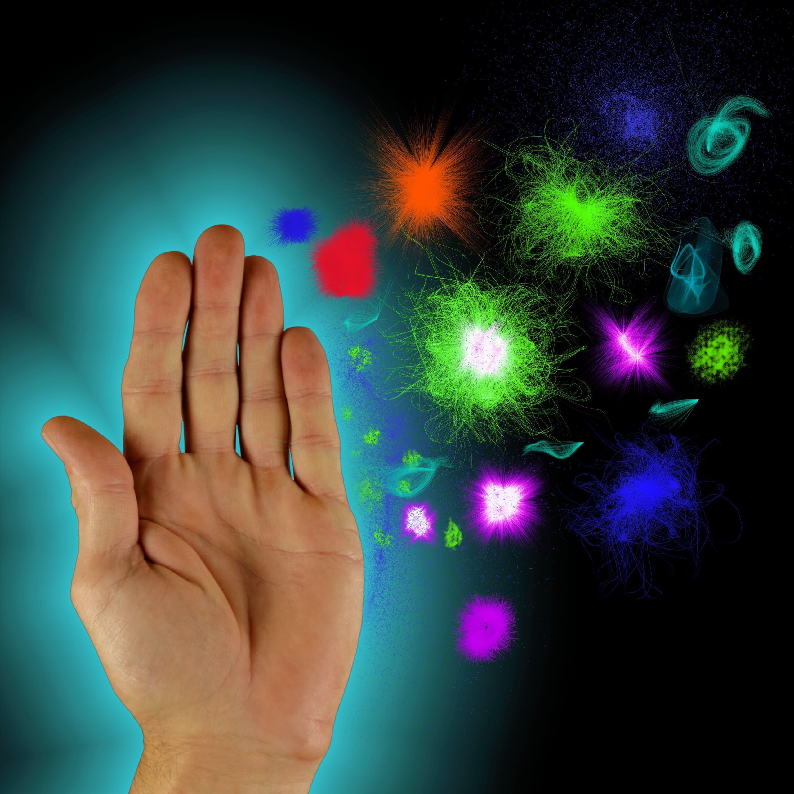 Hand hold up for stopping particles comming against it.