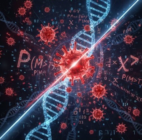 TINAP symboliseret ved en dna-streng samt nogle røde celler der er spredt over fladen. en lysstreng diagonalt over billedet. mørkeblå baggrund.